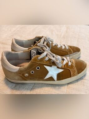 Golden Goose Velvet Sneakers in Golden Tan with White Star